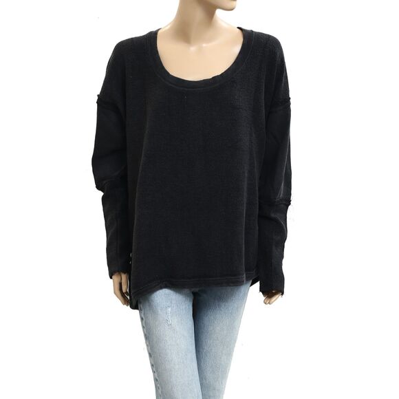 Free People Midnight Drift Pullover Sweatshirt Top Black Cotton S NWT 283708 - Picture 4 of 7